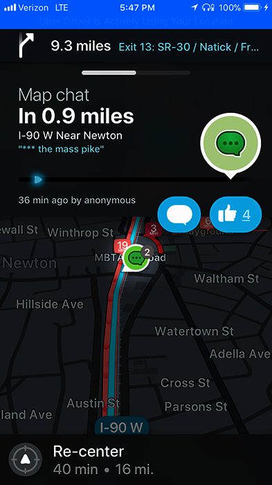 Waze map chat on I-90 near Newton complaining about the Mass Pike