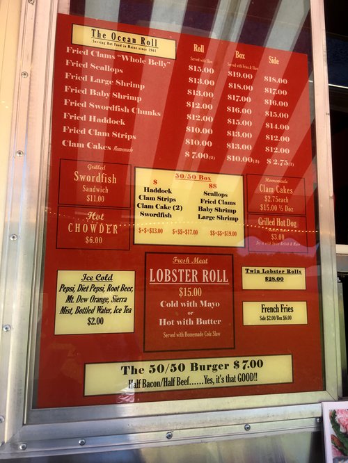 The Ocean Roll food truck menu with fried seafood and lobster roll prices