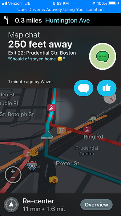 Waze map chat at the Prudential Center exit: "Should of stayed home"