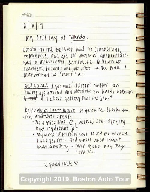 Journal entry about a first day at Takeda with job-hunting advice, June 2019