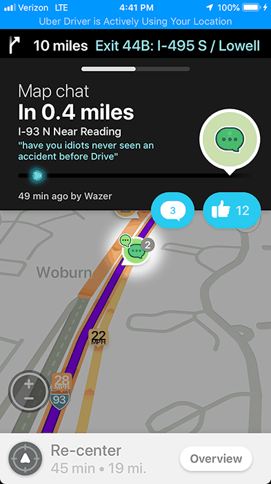 Waze map chat on I-93 near Reading about drivers slowing for an accident