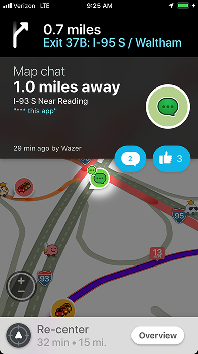 Waze map chat on I-93 near Reading cursing the app