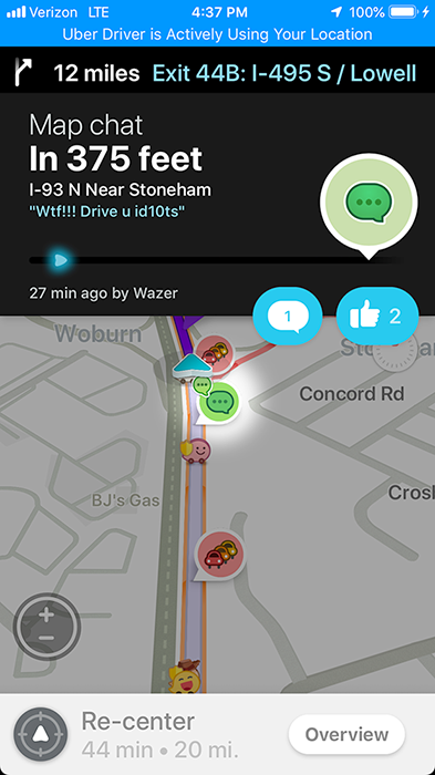 Waze map chat on I-93 near Stoneham cursing another driver