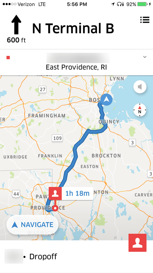 Navigation from Logan Terminal B to East Providence, RI, 1 h 18 min