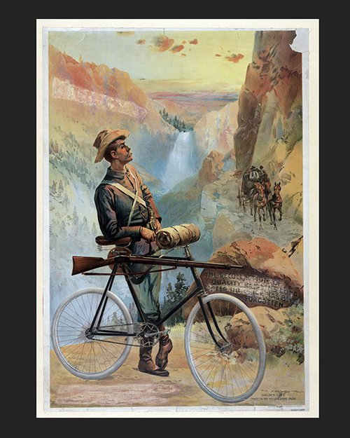 Poster of a hunter with a rifle and a bicycle in a canyon