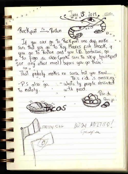 Rider journal page recommending Rockport and Boston food spots, June 15, 2019