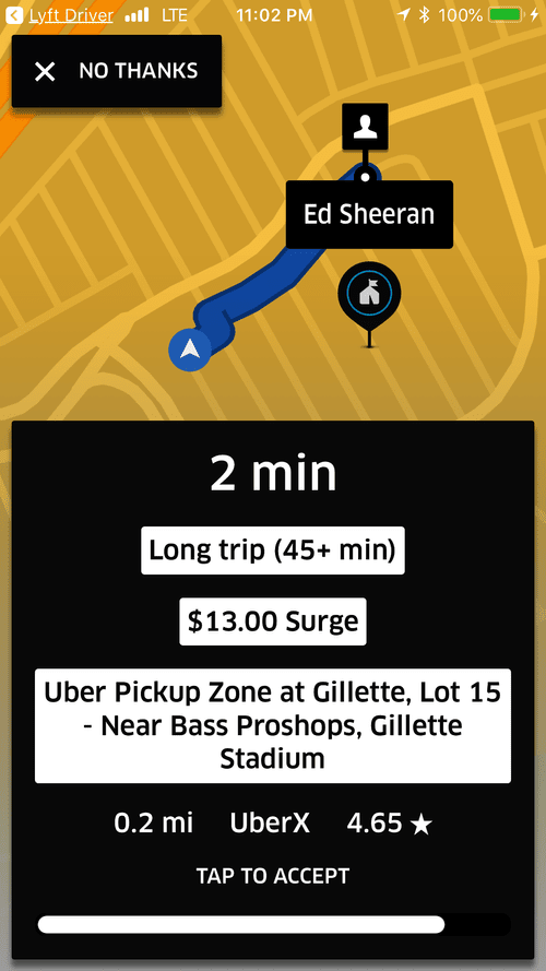 Lyft request at Gillette Stadium after an Ed Sheeran concert, $13 surge