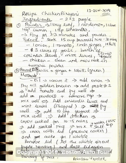 Handwritten recipe for chicken biryani, June 13, 2019