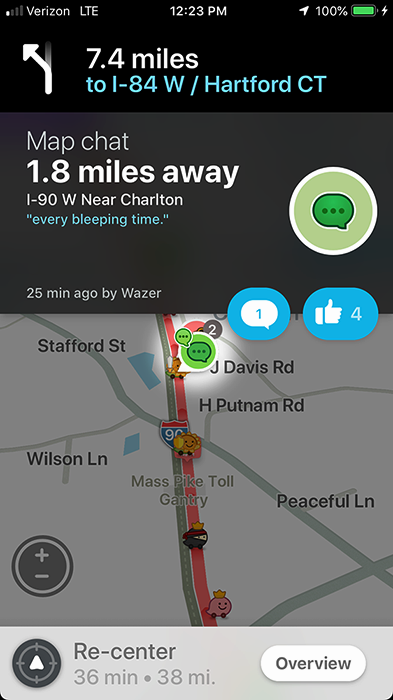 Waze map chat near Charlton: "every bleeping time"