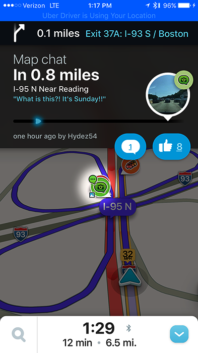 Waze map chat on I-95 near Reading: "What is this?! It's Sunday!!"