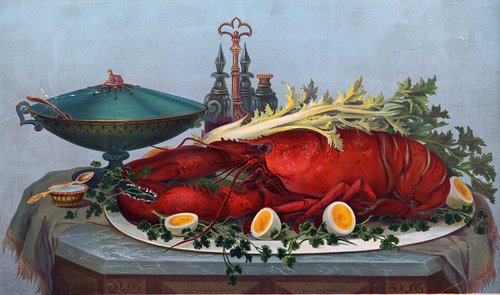 Vintage print of a lobster on a platter with sliced eggs