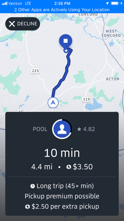 Uber Pool request flagged as a long trip of 45+ minutes