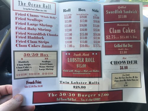 The Ocean Roll menu with fried seafood and a lobster roll