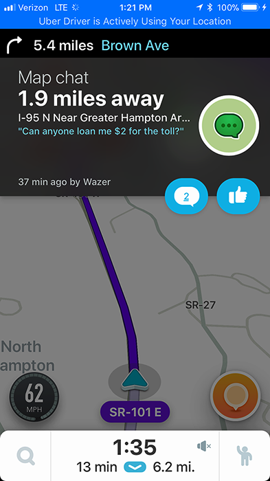Waze map chat on I-95 near Hampton: "Can anyone loan me $2 for the toll?"