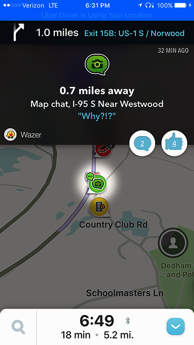 Waze map chat on I-95 near Westwood: "Why?!?"
