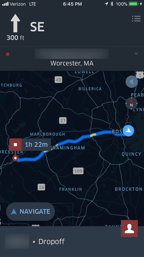 Night navigation to Worcester, MA, 1 h 22 min away