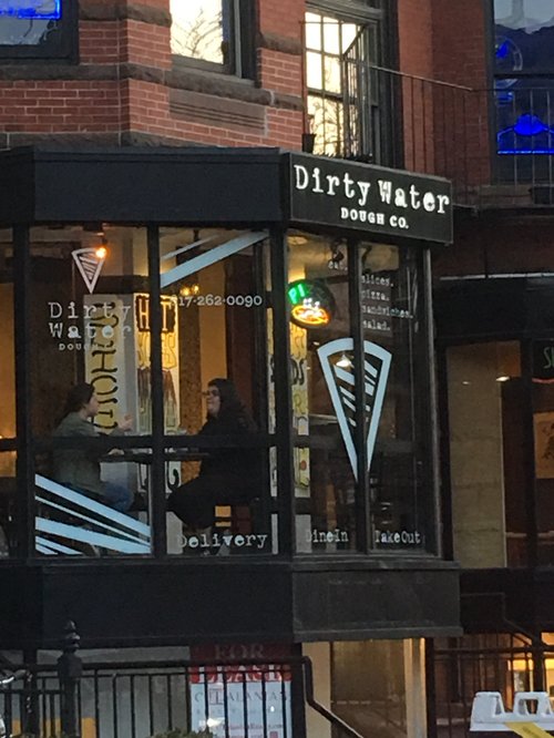 Dirty Water Dough Co. pizza shop at dusk