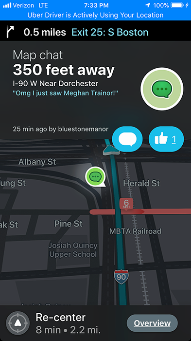Waze map chat near Dorchester: "Omg I just saw Meghan Trainor!"