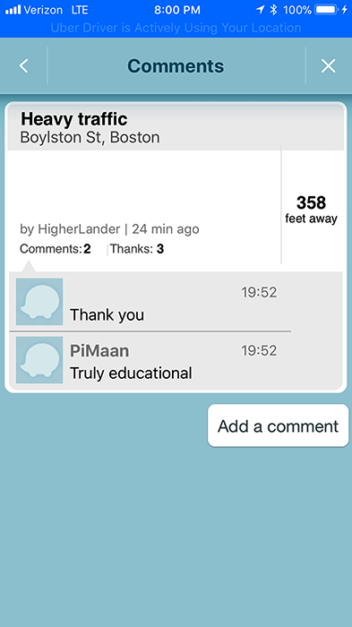 Waze comments on heavy traffic on Boylston Street, Boston