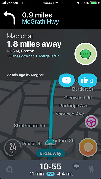 Waze map chat on I-93 in Boston: "3 lanes down to 1. Merge left!"