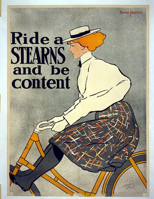 "Ride a Stearns and be content" poster of a woman cycling