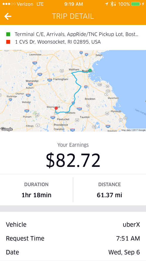 Trip detail: Logan Airport to CVS in Woonsocket, RI, 61.37 miles, $82.72