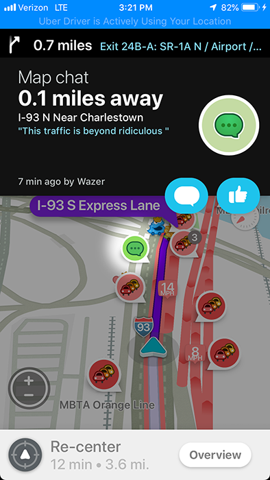Waze map chat on I-93 near Charlestown: "This traffic is beyond ridiculous"