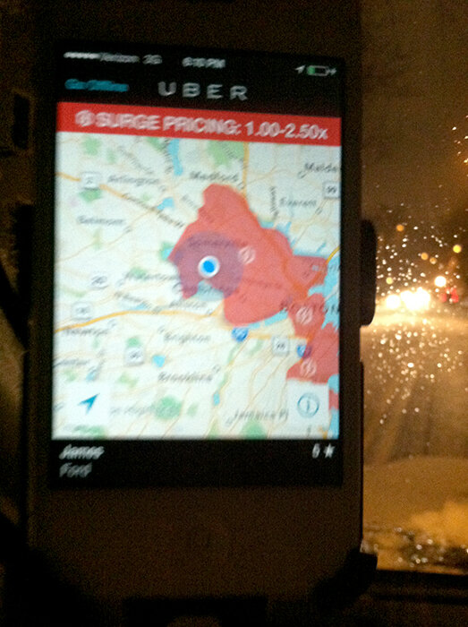 Early Uber app showing surge pricing over Boston, 1.0 to 2.5x