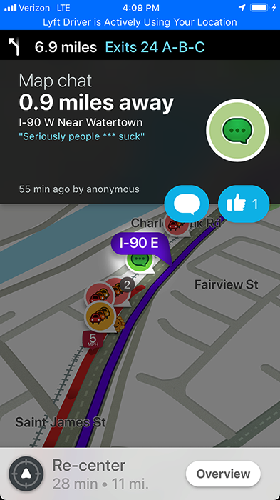 Waze map chat on I-90 near Watertown complaining about other drivers