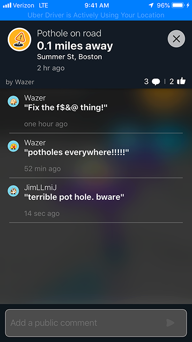 Waze pothole report on Summer St, Boston, with angry comments