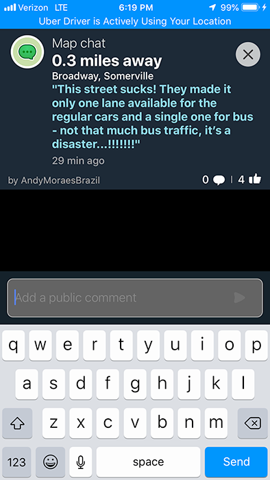 Waze map chat in Somerville about Broadway losing a lane to a bus lane