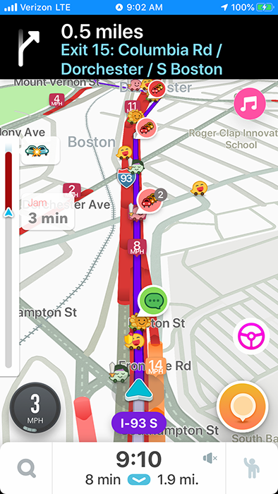 Waze navigation on I-93 South at the Columbia Road exit in heavy traffic