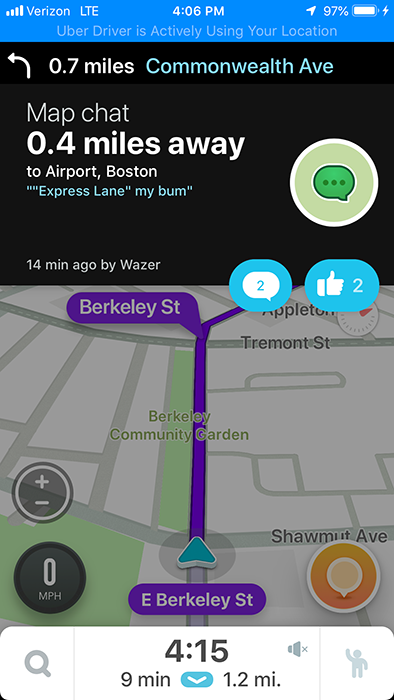 Waze map chat in Boston mocking the "express lane"