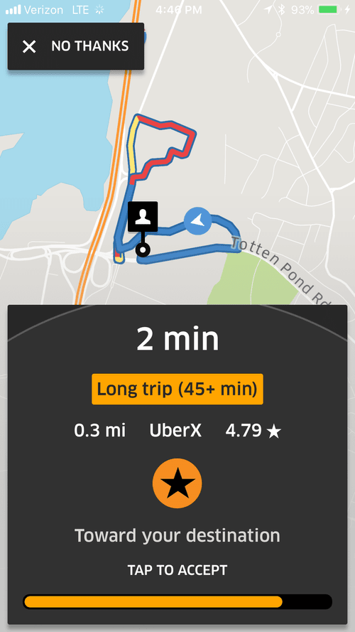 Lyft request flagged as a long trip, 2 minutes away