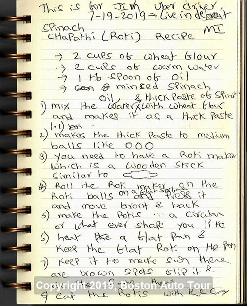Handwritten recipe for spinach chapati (roti), July 19, 2019