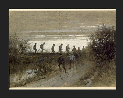 Painting of high-wheel cyclists on a country road at dusk