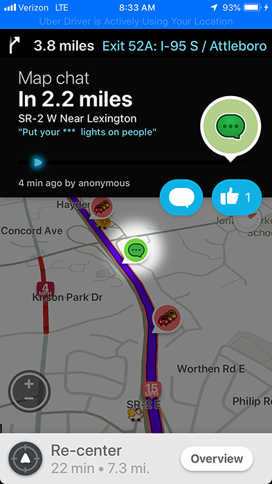 Waze map chat near Lexington telling drivers to turn their lights on