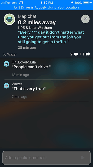 Waze chat thread near Waltham: "People can't drive" and "That's very true"