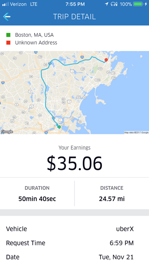 Trip detail: Boston, 24.57 miles, $35.06