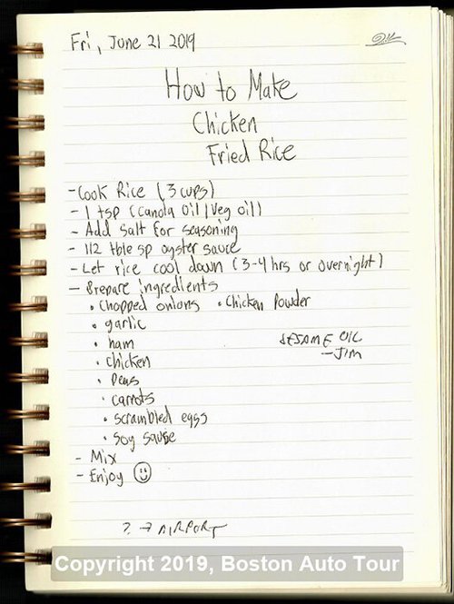 Handwritten recipe for chicken fried rice, June 21, 2019