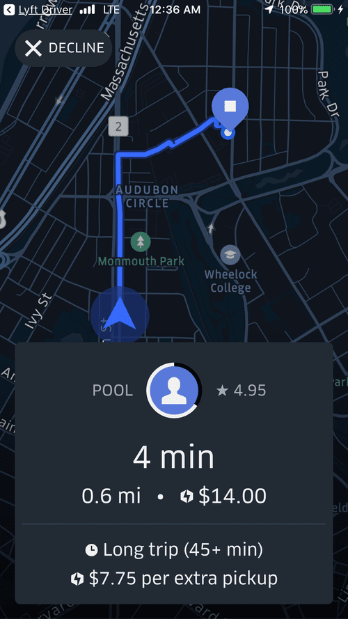 Uber Pool request flagged as a long trip, $7.75 per extra pickup