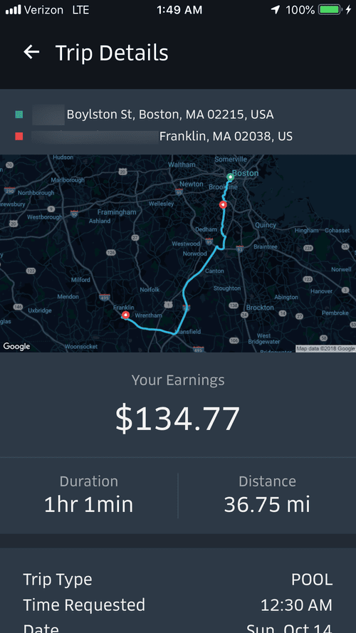 Uber Pool trip from Boston to Franklin, MA, 36.75 miles, $134.77