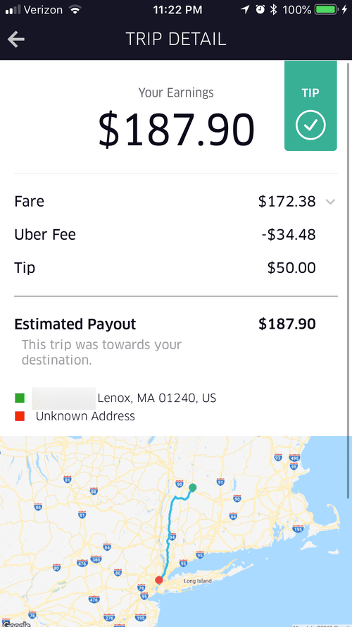 Trip detail: $187.90 payout including a $50 tip, ride to Lenox, MA
