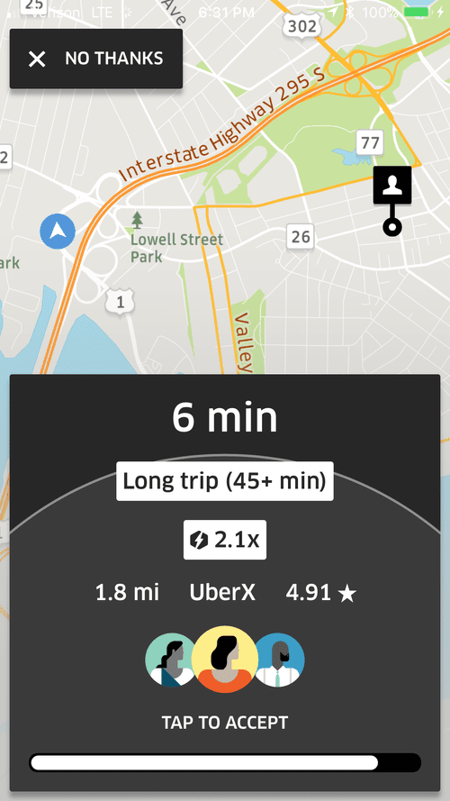 Lyft request flagged as a long trip with a 2.1x price boost