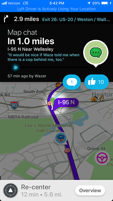 Waze map chat near Wellesley wishing Waze warned about police behind you