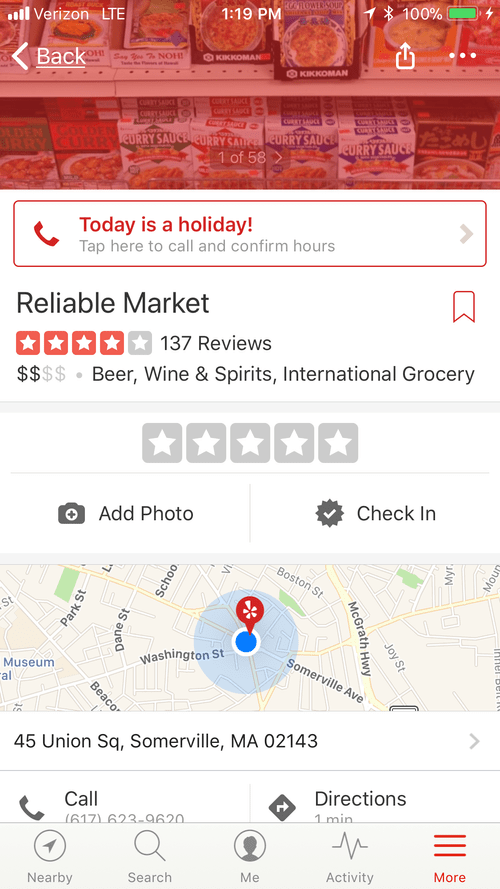 Yelp listing for Reliable Market in Union Square, Somerville