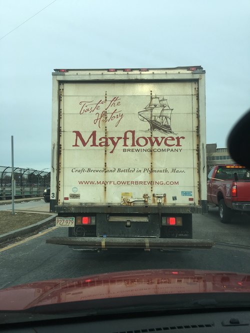 Mayflower Brewing Company delivery truck in traffic