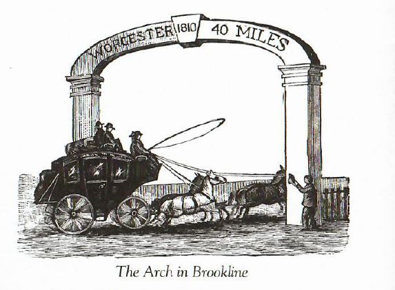 Engraving of a stagecoach passing the Worcester Turnpike arch in Brookline