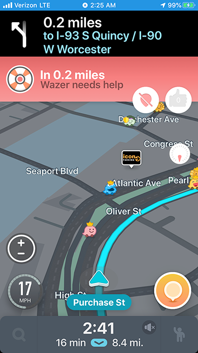 Waze alert near the Seaport: a Wazer needs help