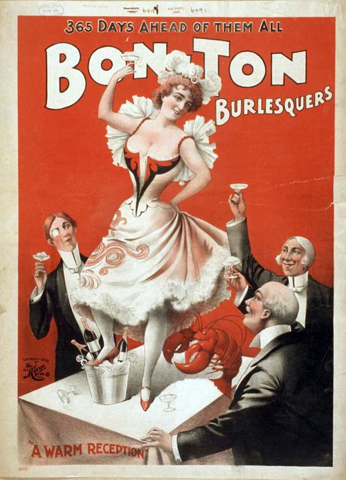 Bon Ton Burlesquers poster with a dancer and a lobster on a dinner table